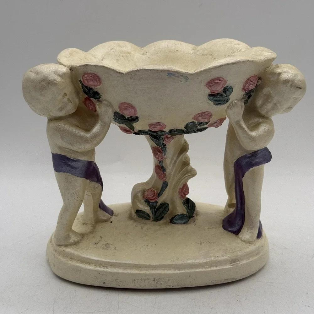Vintage Plaster Chalkware Cherub Angel Soap Dish Jewelry Trinket Pedestal‎ Bowl